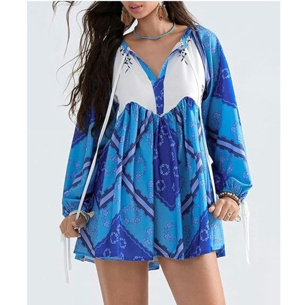 GRMLRPT Women Boho Floral V-Neck Babydoll Mini Dress Blue Size M